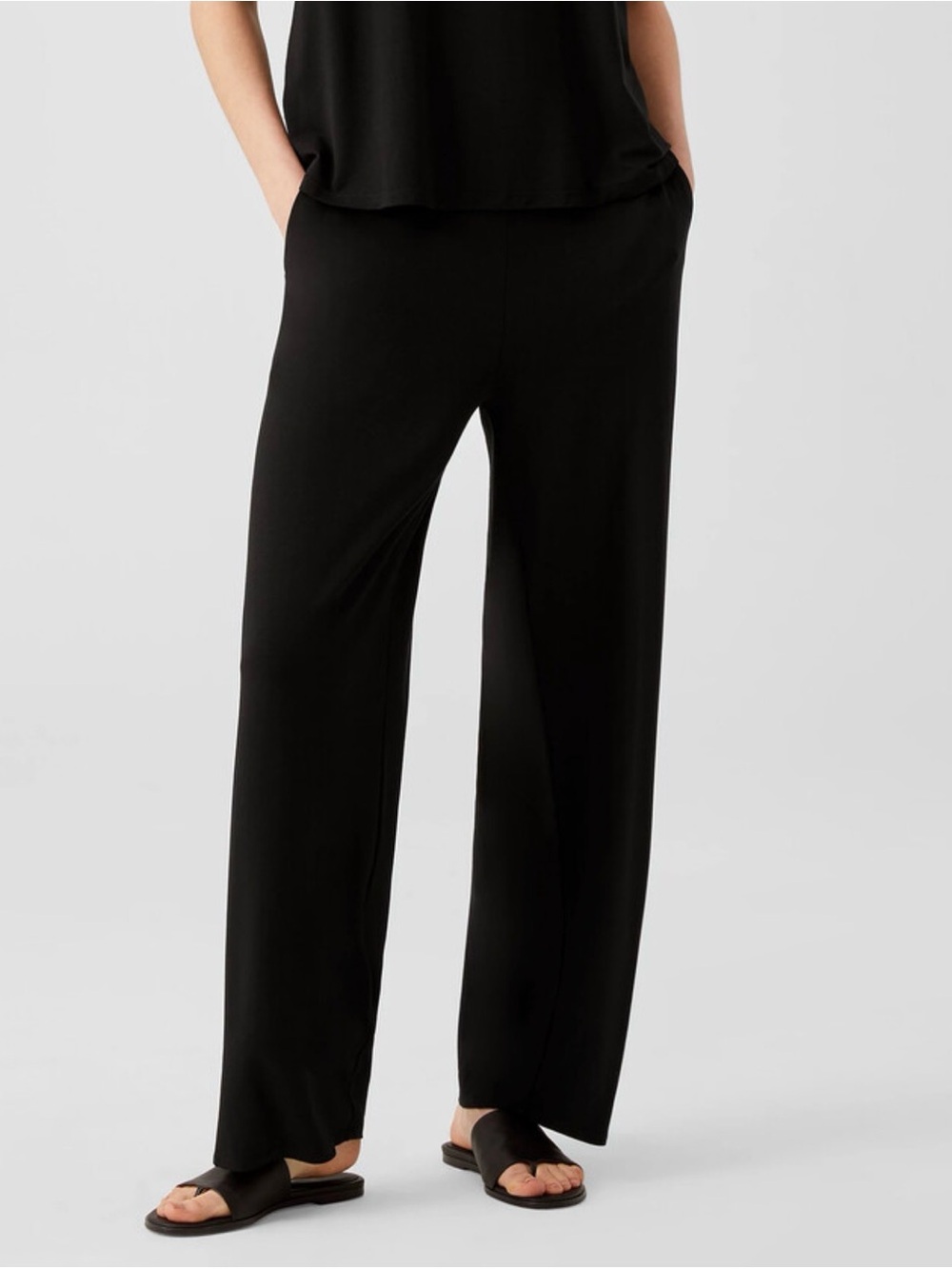 Eileen Fisher straight 31” inseam Black Pull on Pocket Pants Sz L Black Ponte